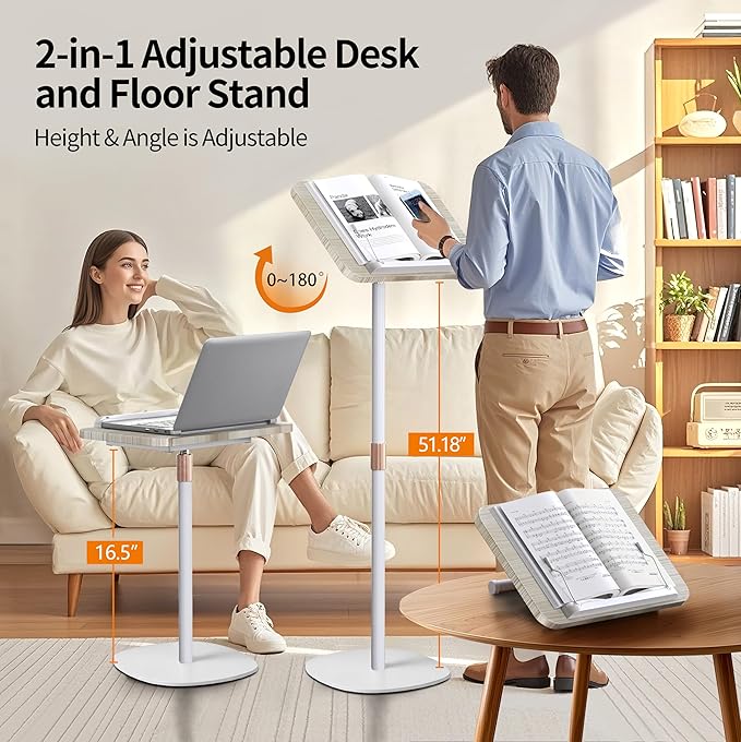 NAMON 2-in-1 Dual-use Floor & Desktop Book Stand, Sturdy Metal & Wood Build, Height Adjustable from 16.5" to 51", Floor Reading Stand for Sheet Music, Cookbooks, Projector (White, 10" x 15" Panel)