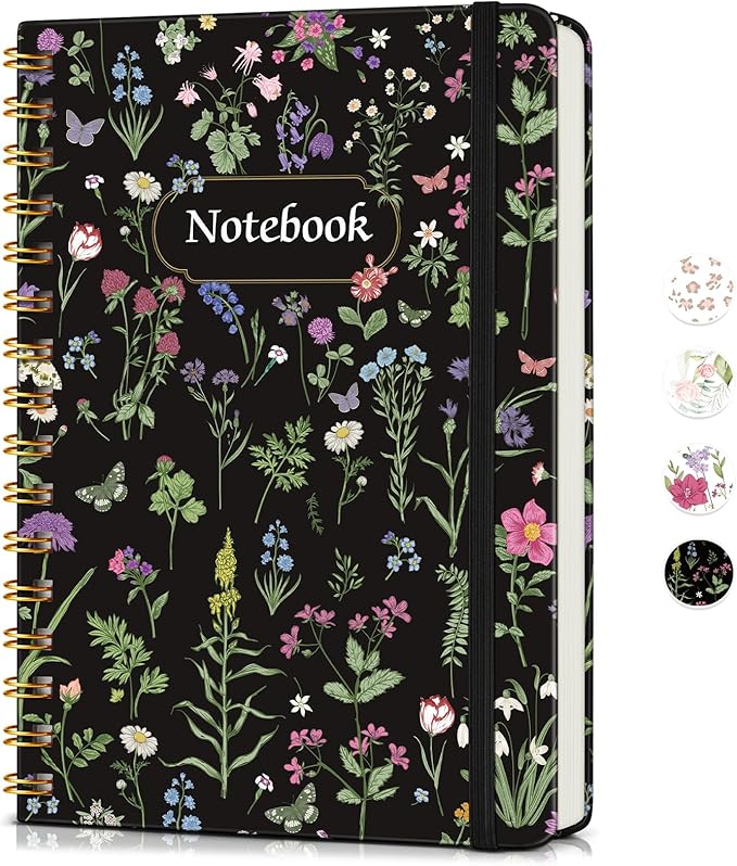 Lined Spiral Journal Notebook for Women, A5 Cute Hardcover Spiral Journals for Work, Note Taking, 150 Numbered Pages 100 GSM College Ruled Spiral Bound Notebook, 5.75" x 8.38", Spring Flowers