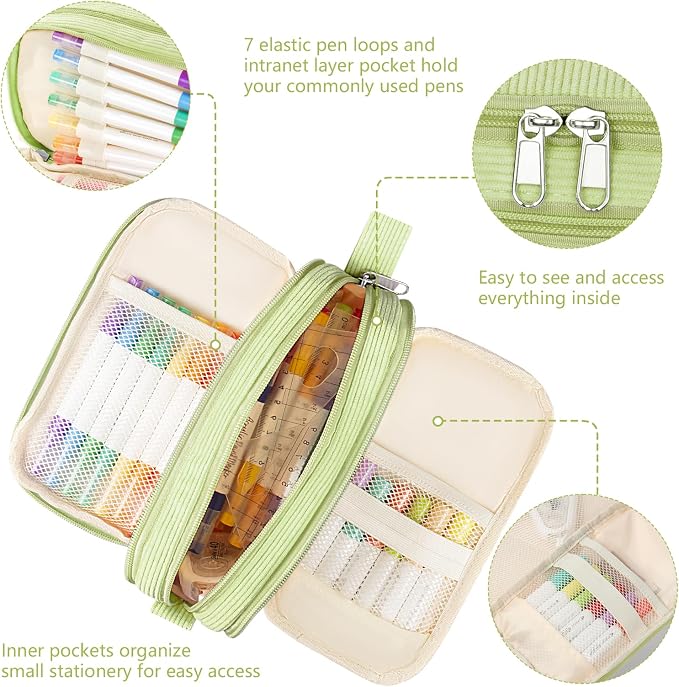 Corduroy Pencil Case, Large Capacity Pencil Pouch with 4 Compartments, Cute Soft Aesthetic Stationery Pen Bag Organizer with Zipper, Portable School Supplies for Teen and Adult Girls, Grass Green