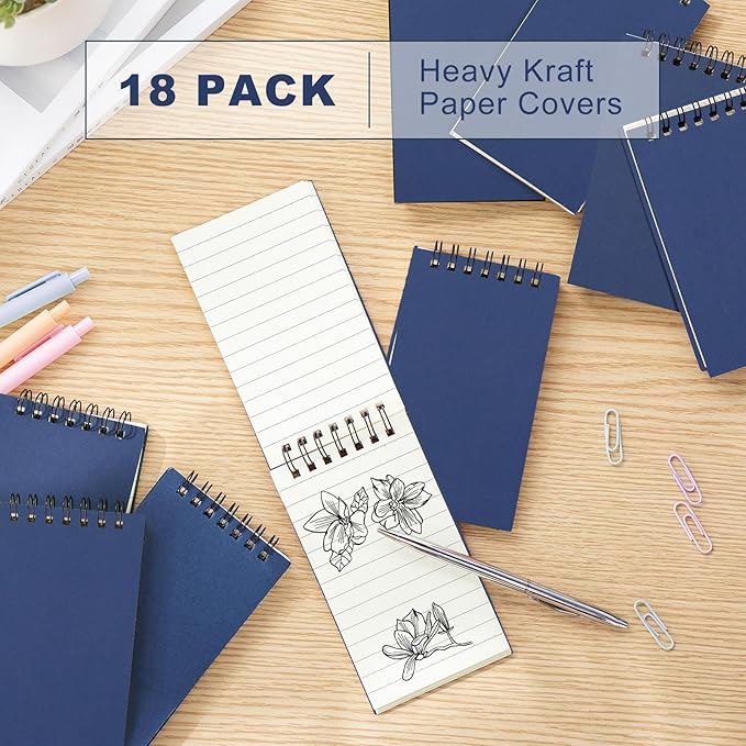 Tenceur 18 Pcs Pocket Notebook Bulk Small 3x5 Inch Spiral Notepads Mini Top Bound Notebook with Lined 120 Pages Ruled Memo Pads for Office College Nurse Essentials Back to School Gift (Blue)