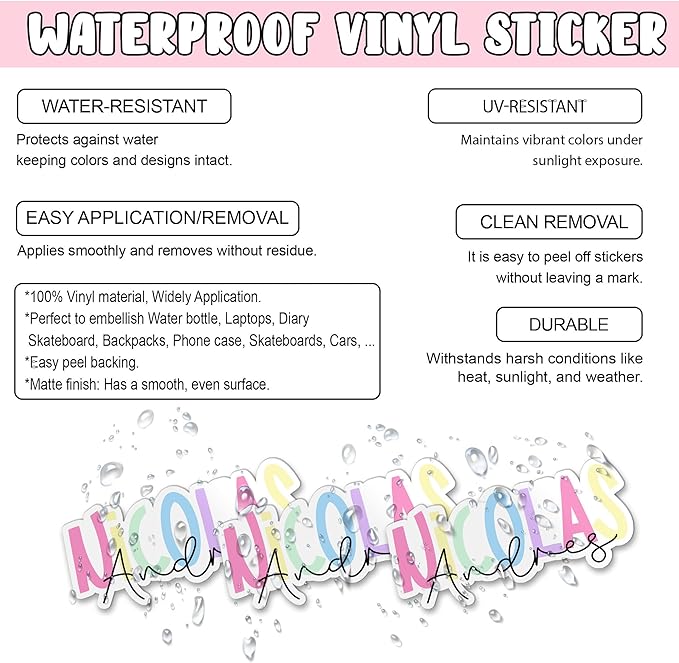 Custom Name Sticker Personalized First and Last Name Stickers Colorful Teacher Name School Waterproof Vinyl Decal for Water Bottles Tumbler Laptop Hard Hat Car Kindle Gifts for Kids Girl Boy