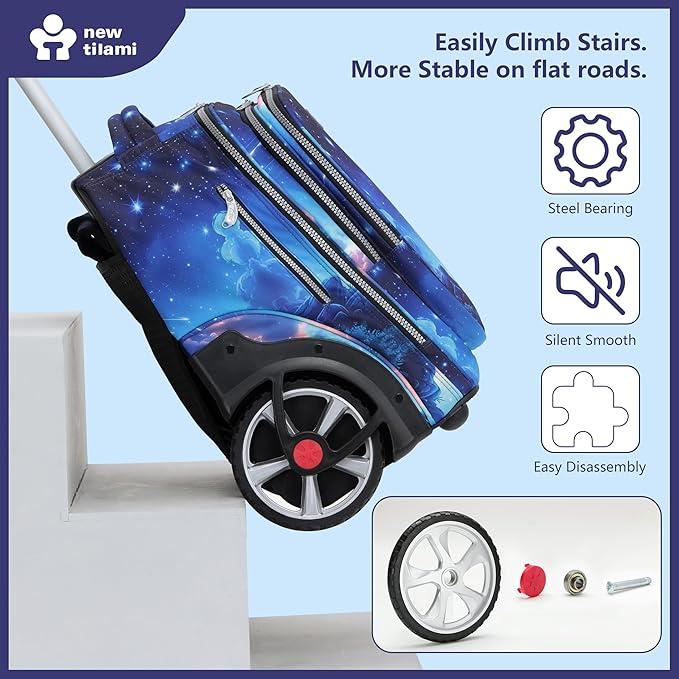 NEW TILAMI 20" Rolling Backpack for Teens Adults, Climbing Stairs Waterproof Backpack with Wheels for School Business Trave Camping with Laptop Compartment, Fit 17 Inch Laptop, Spacey Blue