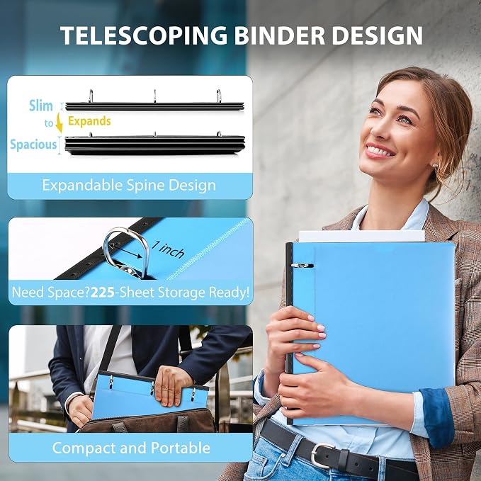 WOT I Telescoping 3 Ring Binder 1 Inch 12-Pack, Flexible Binder with Expandable Spine, Customized Front Cover, Clear Catalog Pocket, Holds 8.5"x11" Paper, Assorted Colors, School Office Supplies