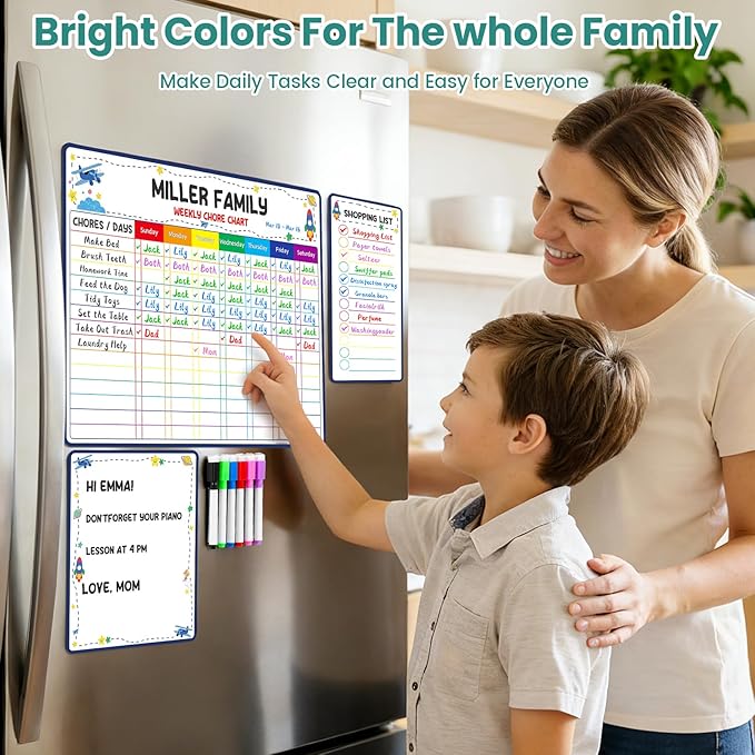 Magnetic Dry Erase Family Chore Chart for Kids and Adults, 3-Pack Weekly Planner, to-Do List & Memo Board, Stay Organized with Strong Magnet Chore Board & 6 Fine Tip Markers