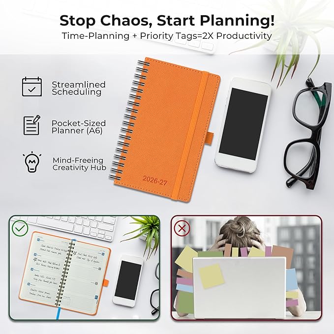 Planner 2026-2027 Daily Weekly and Monthly,6.5"x3.75",18 Months Spiral Bound Calendar Agenda with Self-adhesive Pen Holder,2026 Academic Plan with Vegan Leather Soft Cover,Orange