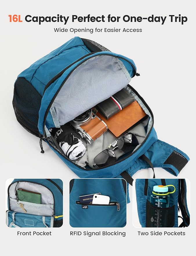 SKYSPER Hiking Backpack Ultralight Packable RFID Travel Daypack Small Nylon Stuff Pack 16L Outdoor Bag for Women Men