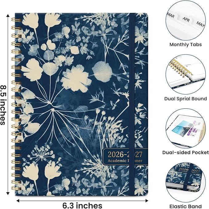 Planner 2026-2027, Monthly and Weekly Academic Planner July 2026 - June 2027, Hardcover Student Teacher Planning Agenda Calendar Book with Tabs, Perfect for Office School Supplies, A5 (6.3" x 8.5") - Rustic Bloom