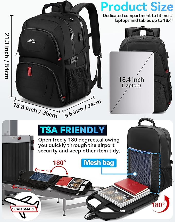 ProEtrade Travel Backpack, Extra Large Laptop Backpack Business Anti Theft TSA Approved College Work Computer Bag Fits 18.4 Inch Laptop with USB Charging Port for Women Men(Black,L)