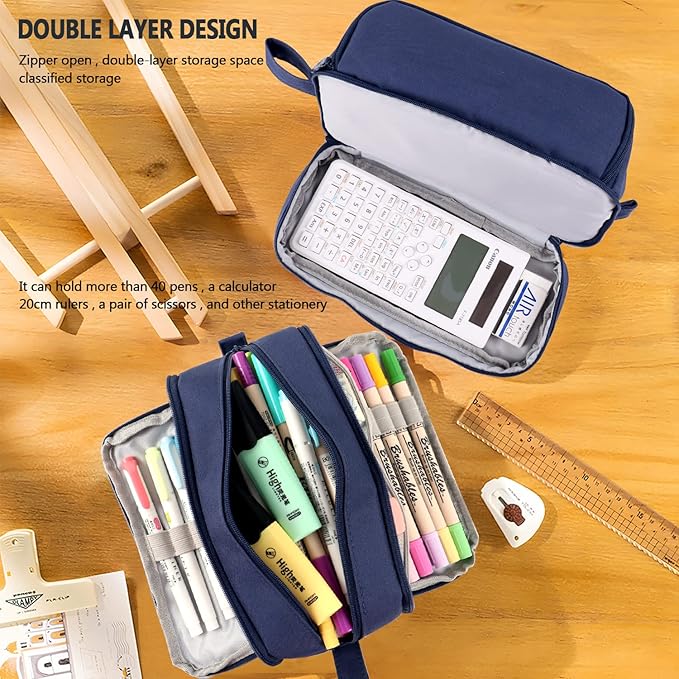MAMUNU Large Capacity Pencil Case 4 Compartments, Pencil Pouch Bag with Zipper Portable Handle, Pen Case Bag Stationery Organizer for Office College School Adults Teen Girls Boys Men Women, Dark Blue