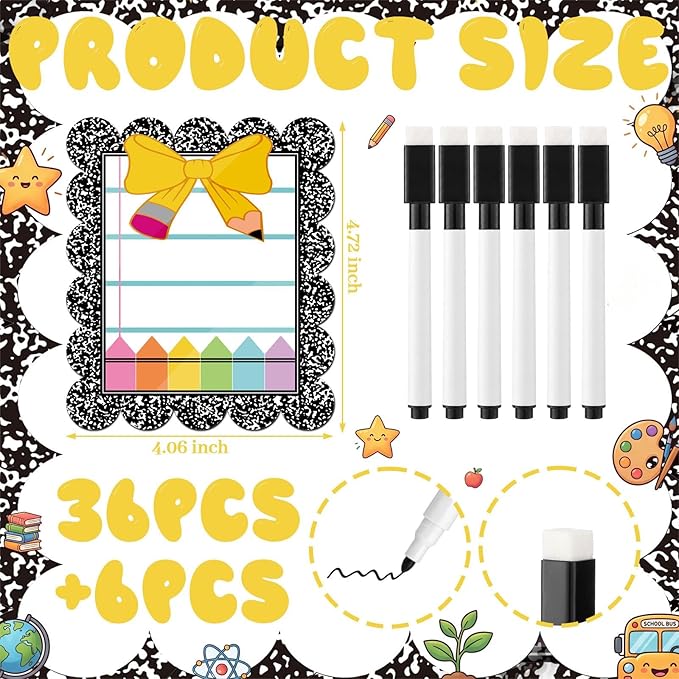 Crtiin 42 Pcs Magnetic Name Tags for Lockers Composition Notebook Bow Dry Erase Labels Magnetic Reusable Name Tags for Back to School Whiteboard Classroom School Bus Locker Fridge