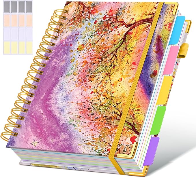 Hardcover Spiral Notebook Journal with Removable Dividers Tabs, 300 Pages 5 Subject Notebook College Ruled, 100GMS Notebooks for Work School Note Taking,Lined Journal for Women,Autumn Tree