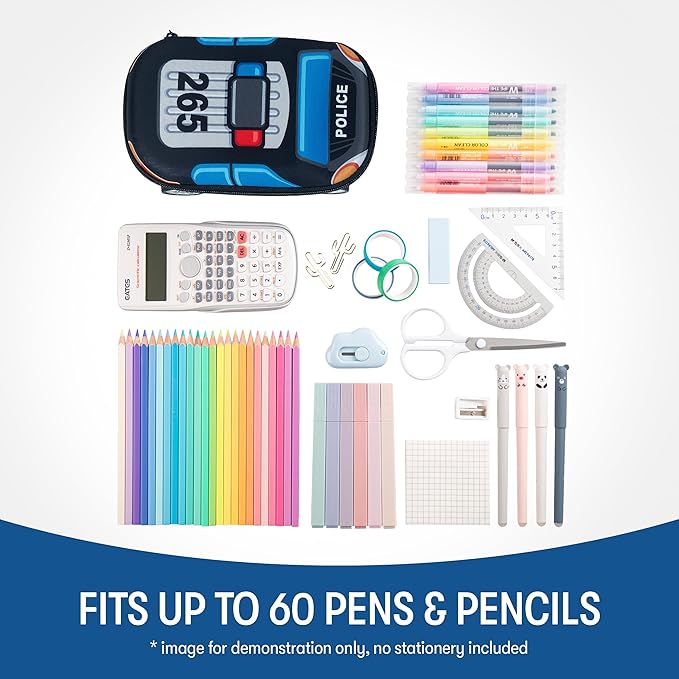 ZIPIT Police Car Pencil Case for Boys, Large Capacity Pencil Box for School with Spinning Wheels, Blue
