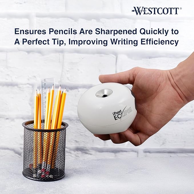 Westcott iPoint Eclipse Battery Pencil Sharpener, Unique Two-Blade Technology, EZ-View Reservoir, Requires 4 AA Batteries, White, for Home, Small Office, Classroom, Back to School, School Supplies