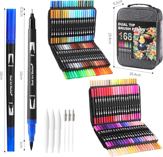 TOSHARE Art Markers Pens Dual Tip Coloring Markers Set with Brush & Fine Nib for Adult Coloring Book Brush Pens Professional Calligraphy & Drawing Art Supplies Kit for Adults (168 Colors)