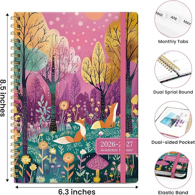 Planner 2026-2027, Academic Planner Weekly and Monthly, Jul 2026 - Jun 2027, Spiral Bound School Planning Tool with Tabs and Pocket, Perfect for Students & Teacher, 6.3" x 8.5", Fox Hollow