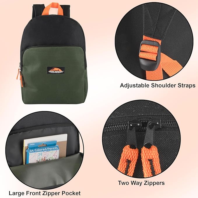Trail maker 15 Inch Backpack for Kids, Preschool, Elementary & Middle School Students – Spacious Bookbag with Large Front Pocket, Adjustable Straps, Fits up to 13 Inch Laptop (Green)