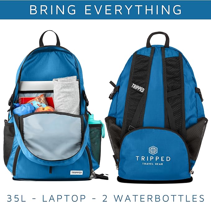 TRIPPED Travel Gear Traveling Backpack- Foldable Collapsible Lightweight Backpack for Travel (Light Blue) 35 liters