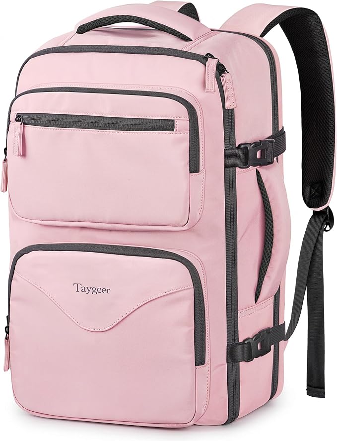 Taygeer Travel Backpack for Women, Travel Personal Item Bag with Shoe Pouch | TSA Approved Under Seat Carry on Backpack with Water Bottle Pocket Fits 15.6inch Laptop, Travel Essentials for Airplanes,Pink