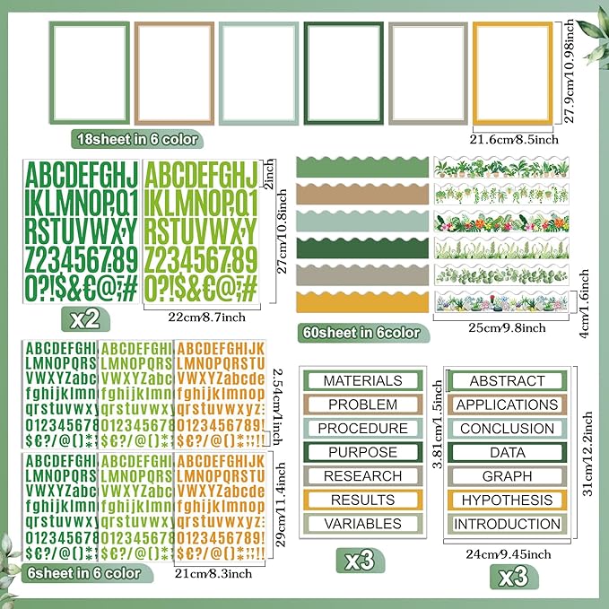 Sinload 92 Pcs Science Fair Board Supplies 60 Trim Scalloped Poster Boards 18 Presentation Subtitles 6 Project Titles 8 Letter Sticker for Classroom Display Boards (Green,Plant)