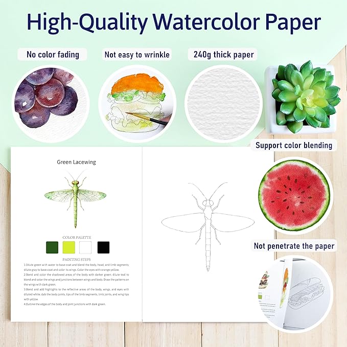 CraftyManor Watercolor Workbook Creative Insect Water color Paint Book Set with Paints & Brush, 12 Patterns of Original DIY Designs, Beginner-Friendly Adult Coloring Books (Insect)