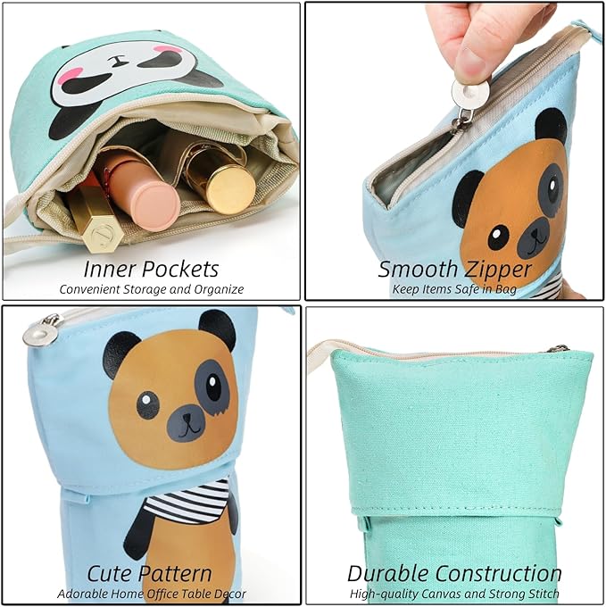 4 Pack Standing Pencil Case, Cute Telescopic Stationary Pouch with Zipper, Kawaii Spacious Pop Up Bag Portable Canvas Makeup Holder for Pens, Cosmetics, Office Supplies