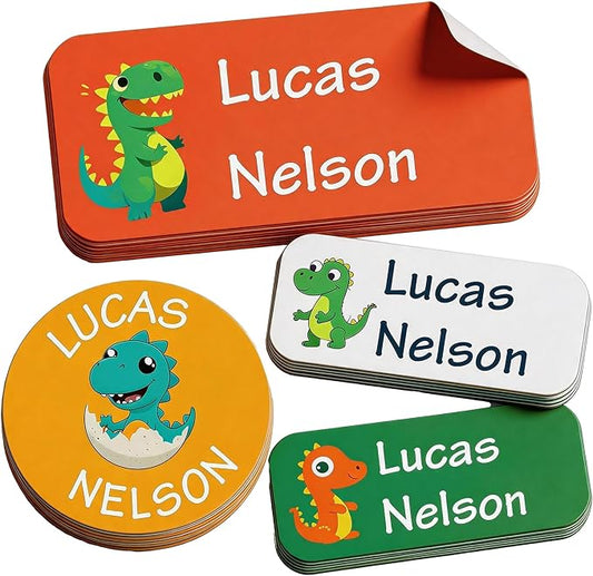 Waterproof Custom Name Stickers (135 Labels) - Personalized Daycare Labels for Clothing, Water Bottles, Lunch Boxes & School Supplies - Ideal for Camp & Daycare - No-Iron (Little Dinosaur)