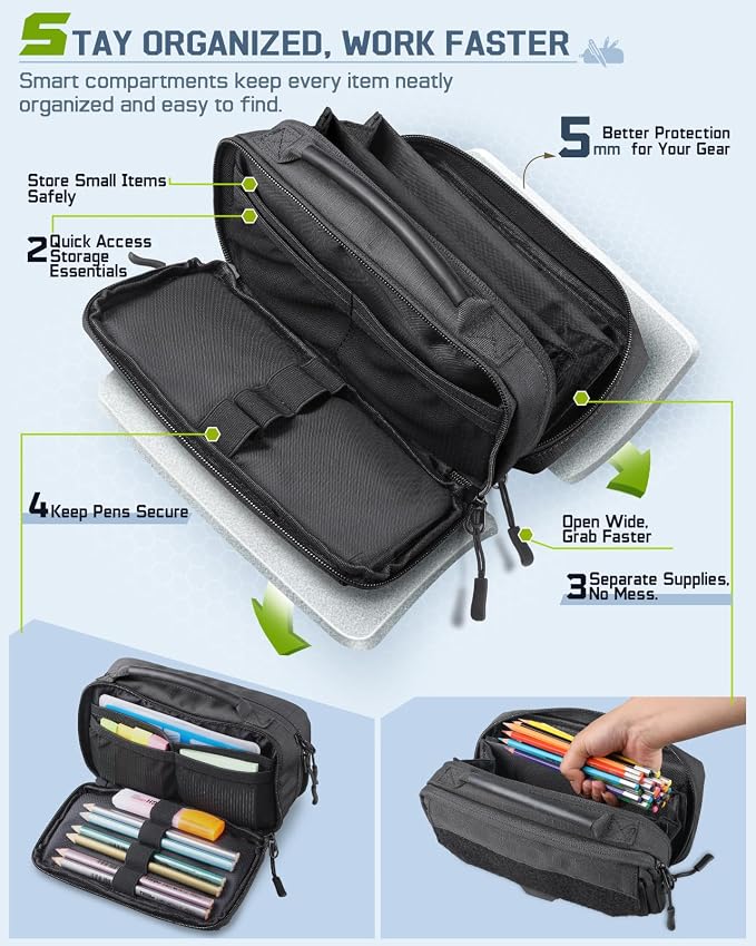 RXW Pencil Case Pouch for School, Office, Travel & EDC Organization | Large Capacity, 3-Layer Compartments, Tactical MOLLE Attachment, Everything Organized, Quick Access, Secure Storage