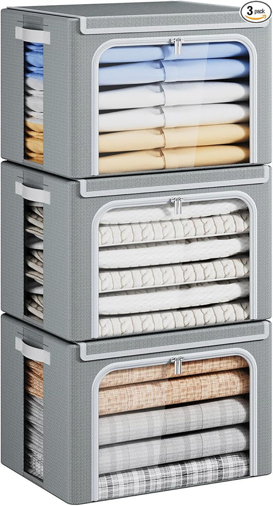 Yecaye Clothes Storage Bins with Metal Frame, 40L Foldable Clothing Storage Bins with Lid, Stackable Zippered Clothes Storage Bags, Oxford Fabric Organizer Box With Clear Window＆ PU Leather Handles