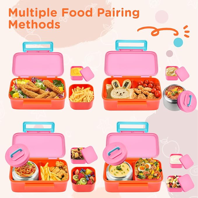 MAISON HUIS Bento Box for Kids with 8oz Soup Thermo, Insulated Lunch Bag & 17oz Water Bottle, 2-Compartment Bento Box with Built-In Ice Pack, Leak-Proof & BPA-Free (Pink)