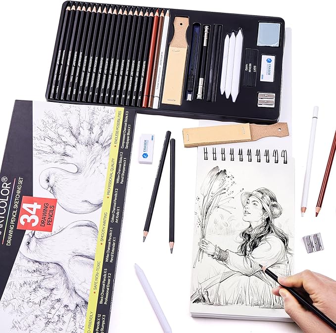 MARTCOLOR Drawing Sketching Pencils Set, 34 Pieces Pro Art Pencil Kit - Graphite Pencils (14B-4H), Charcoal Pencils, Charcoal Sticks, Artist Pencils for Beginners & Pro Artists