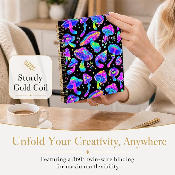 ATJFKIXL Cute Spiral Journal Notebook, A5 120 Page College Ruled Wirebound Notebook, Soft Cover for Students Office Notes and Planning - Black Neon Mushroom