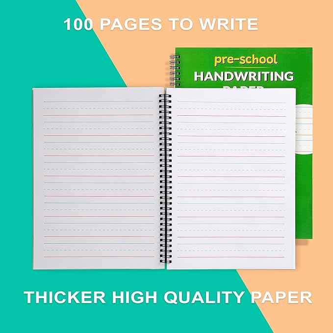 A4 Lined Handwriting Practice Notebook for Kids – Dotted Midline, Spiral Bind, Pre-K, Kindergarten, 100 Thick Pages (4, Green Dino)