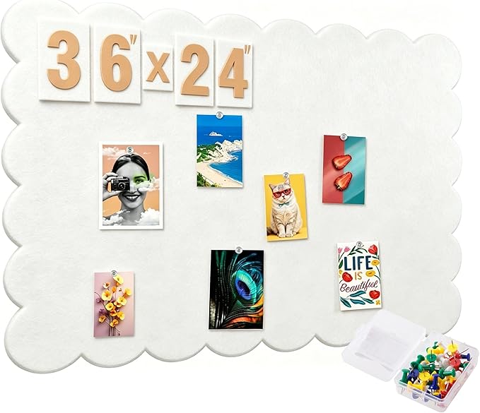 Felt Bulletin Board,36 x 24 Inch White Scalloped Foldable Large Bulletin Board for Wall, Decorative Vision Board & Photo Display (Beige)