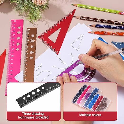 PATIKIL 8 Pcs Geometry Drafting Tool, Aluminum Alloy Geometry Kit Math Tool Includes 20cm L Ruler Protractor Triangles for Drafting Angle Measure Simple Science Experiment, Black