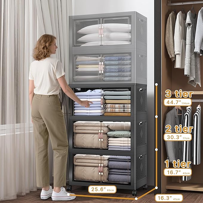 UAMFURI Extra Large Stackable Storage Bins with Lids & Wheels, 165QT-55QT/14GAL*3Pack Foldable Collapsible Closet Organizers Dark Storage Cabinet with Doors for Bedroom Dorm