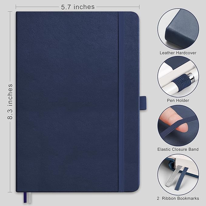 RETTACY Graph Grid Paper Notebook, 2-Pack, 192 Pages per Pack, A5 Medium Size (5.7'' x 8.3''), Leather Hardcover, 100 GSM Thick Paper, for School, Students, Math, Engineering (Black & Navy Blue)