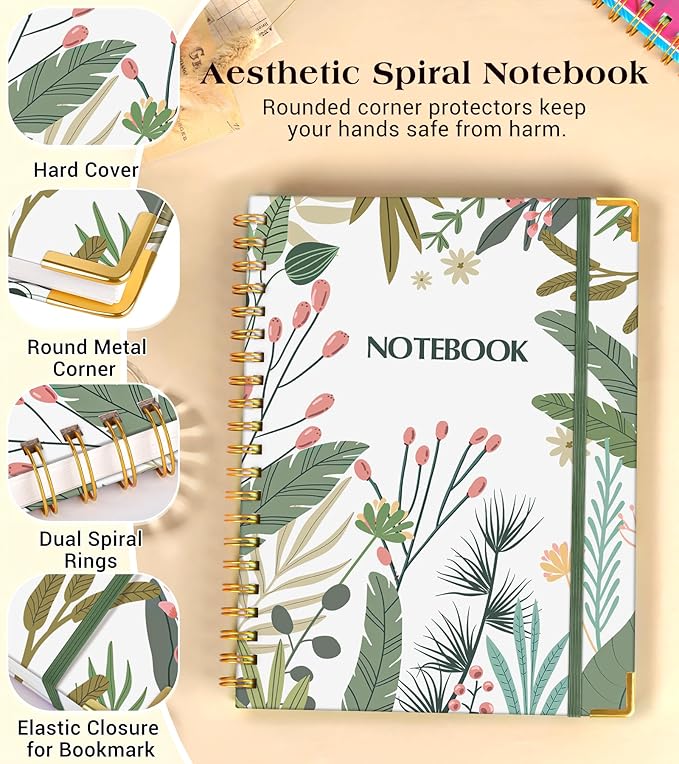 Lined Spiral Notebook Journal for Women, 150 Pages Aesthetic Notebooks 5.75” x 8.38”, A5 Hardcover Spiral Journals with 100 GSM Thick Paper, Cute College Ruled Notebook for Writing Work School, Colorful Botanicals