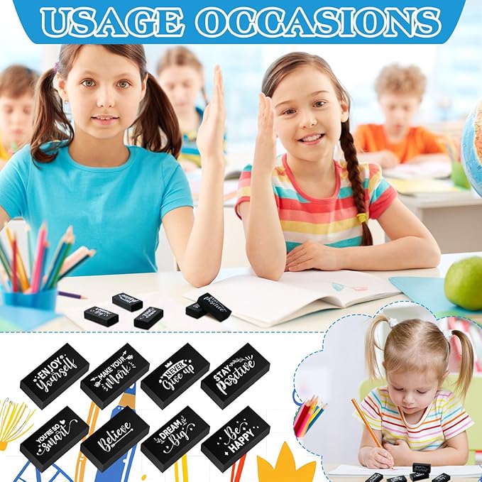 Dunzoom 100 Pcs End of Year Inspirational Pencil Erasers Bulk for Kids Back to School Fun Motivational Eraser School Office Supplies for Students Classroom Office Teacher Artists(Classic)