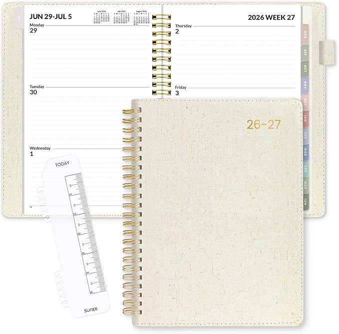 SUNEE 2026-2027 Weekly & Monthly Planner 6.4"x8.5" - 12 Month (July 2026 - June 2027), Vegan Leather Cover Planner Academic Year Calendar, Pocket, Notes, Monthly Tab, Beige