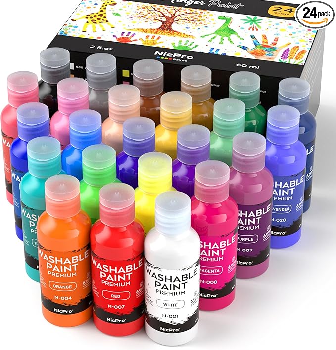 Nicpro 24 Colors Washable Finger Paint Set for Toddlers (2 oz), Non-Toxic & Baby Safe Paint for Hand and Feet, Mess Free Finger Painting Art Supplies for Kids Age 1-3 4 5 6+, Preschool Learning Gifts