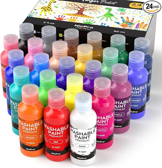 Nicpro 24 Colors Washable Finger Paint Set for Toddlers (2 oz), Non-Toxic & Baby Safe Paint for Hand and Feet, Mess Free Finger Painting Art Supplies for Kids Age 1-3 4 5 6+, Preschool Learning Gifts