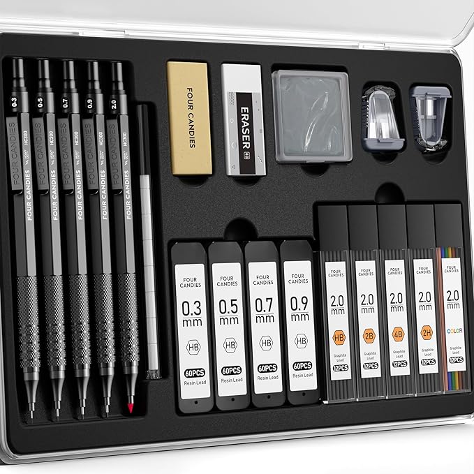 Four Candies Metal Mechanical Pencil Set, 4PCS 0.3, 0.5, 0.7, 0.9MM Mechanical Pencils & 2MM Drawing Pencil with 9 Tubes Lead Refills (4B 2B HB 2H Color) for Student Writing Artist Sketching - Black