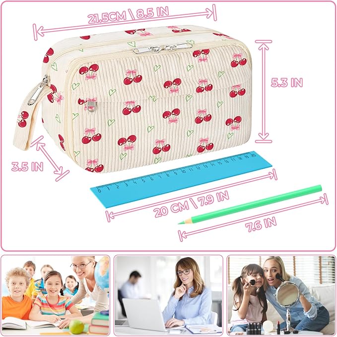 WOBAGMEN Cute Pencil Case,Large Corduroy Zippered Pencil Case Pouch, aesthetic Pencil Bag with Compartments, Pencil Pouch School Supplies (HY-corduroy pc-cherry)