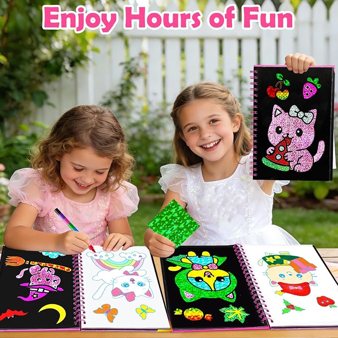 FUNNYB&G Foil Art Craft Kit for Girls 4-10 Years Old: Mess-Free & No-Glue, Create 16 Sparkly Cute Little Cat Pictures – Perfect Travel Toy & Birthday Gift for Kids (Little Cat)