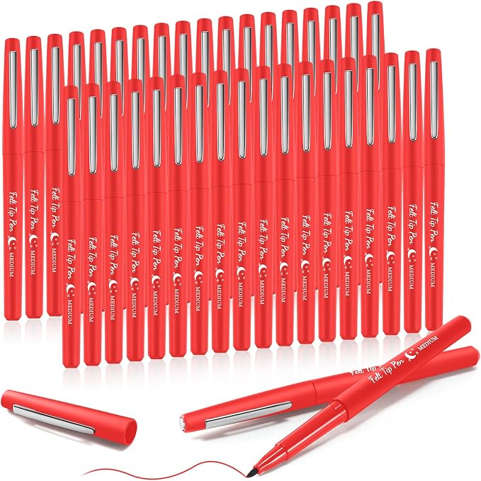 Fuyoooo 36 Pcs Red Felt Tip Pens Bulk, Quick Dry, 0.7 mm Medium Point