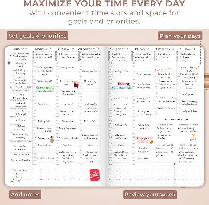 Clever Fox Dated Hourly Weekly Planner 2026 – Daily, Monthly & Yearly Agenda Organizer with Time Slots – Hardcover Journal, A5 Size (Rose Gold)