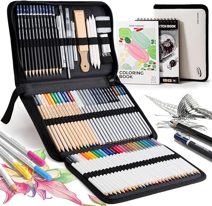 Four Candies 87 Pack Sketching Kit for Artist Gifts, Art Supplies, Drawing Set with Colored Pencils, Sketchbook, Coloring Book, Complete Drawing Tools in Zipper Case for Adult, Teens & Beginner