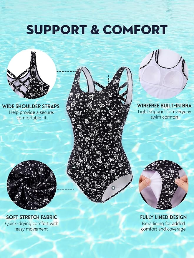 Modest Full Coverage One Piece Swimsuit Floral Bathing Suit Criss Cross Back Swimwear with Built-in Bra