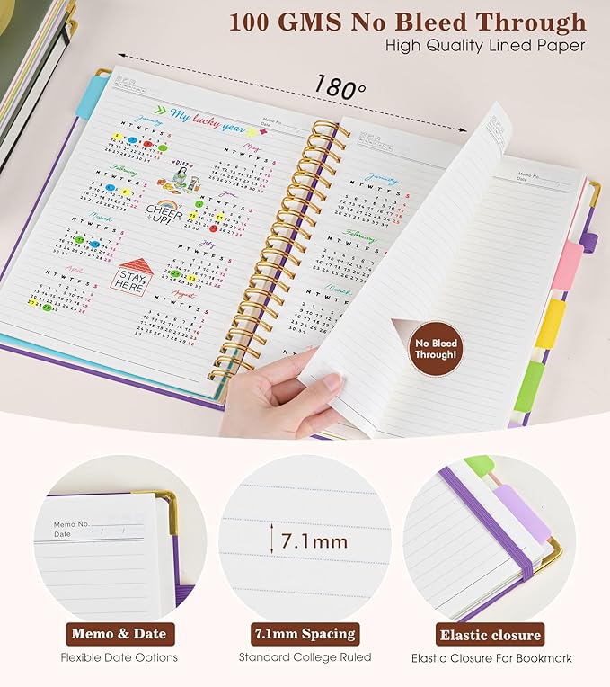Hardcover Large Spiral Notebook 8.5" x 11" with Removable Dividers Tabs, 300 pages Leather 5 Subject Notebook College Ruled, A4 Journal for Women Men, Notebooks for Work School Note taking,Purple