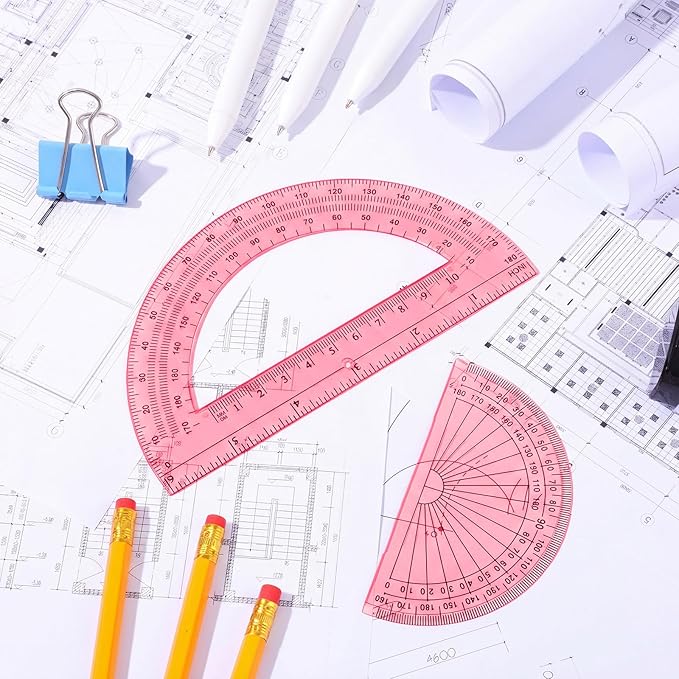 EBOOT 2 Pcs Plastic Protractor Clear 180 Degrees Transparent Protractor for Geometry, 4 Inch and 6 Inch(Light Pink)